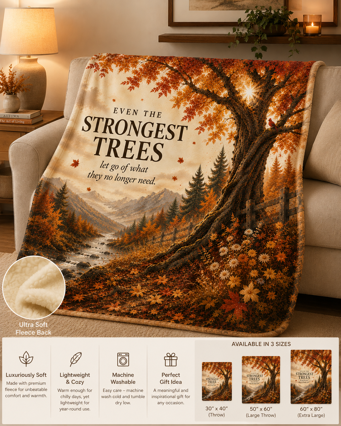 Autumn Woodland Fleece Blanket — “Even the Strongest Trees” Inspirational Fall Throw