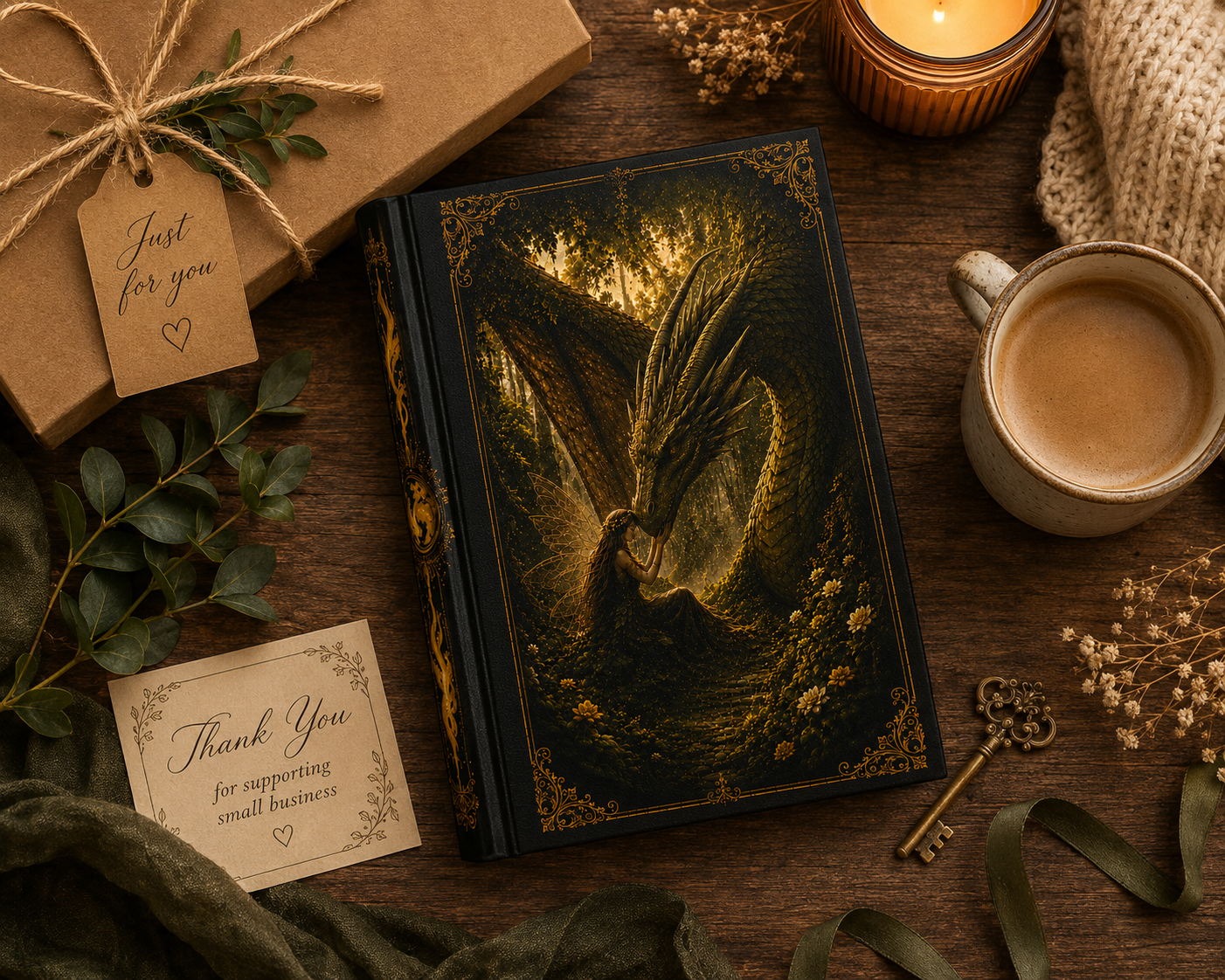 Hardcover Journal — Mystical Dragon & Tree Fantasy Notebook
