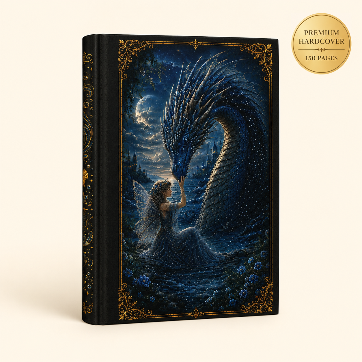 Water Dragon & Fairy Hardcover Journal — Moonlit Fantasy Notebook for Writing, Sketching, Gifts