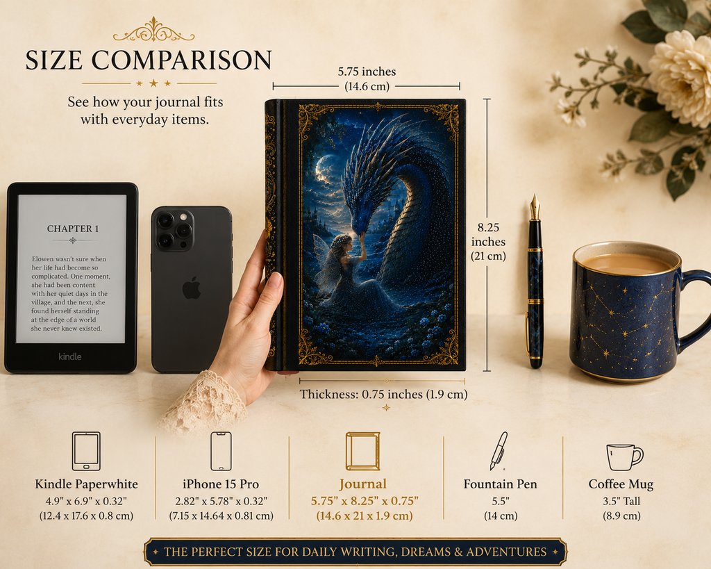 Water Dragon & Fairy Hardcover Journal — Moonlit Fantasy Notebook for Writing, Sketching, Gifts