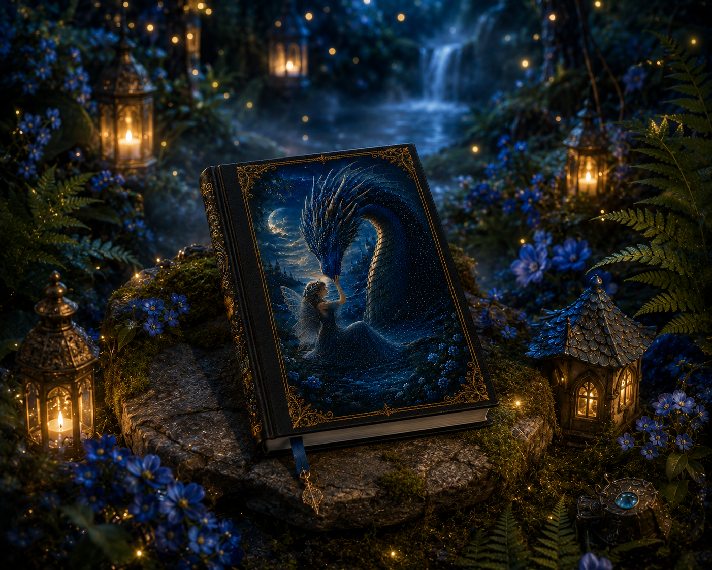 Water Dragon & Fairy Hardcover Journal — Moonlit Fantasy Notebook for Writing, Sketching, Gifts