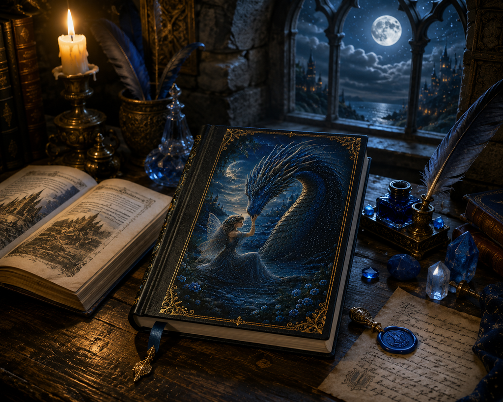 Water Dragon & Fairy Hardcover Journal — Moonlit Fantasy Notebook for Writing, Sketching, Gifts