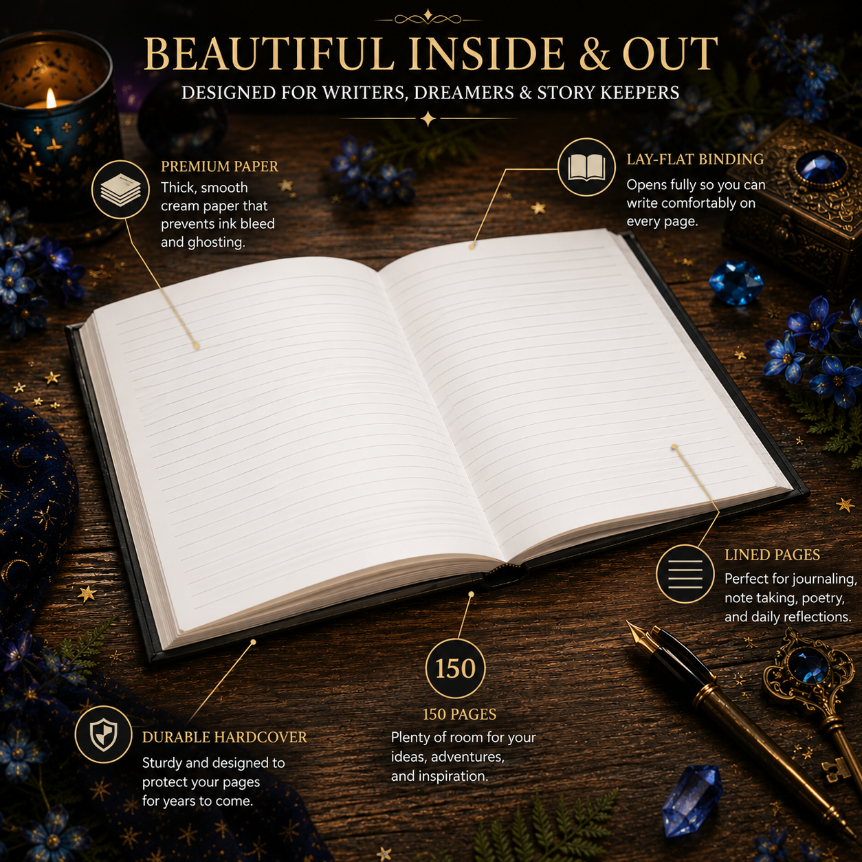 Water Dragon & Fairy Hardcover Journal — Moonlit Fantasy Notebook for Writing, Sketching, Gifts