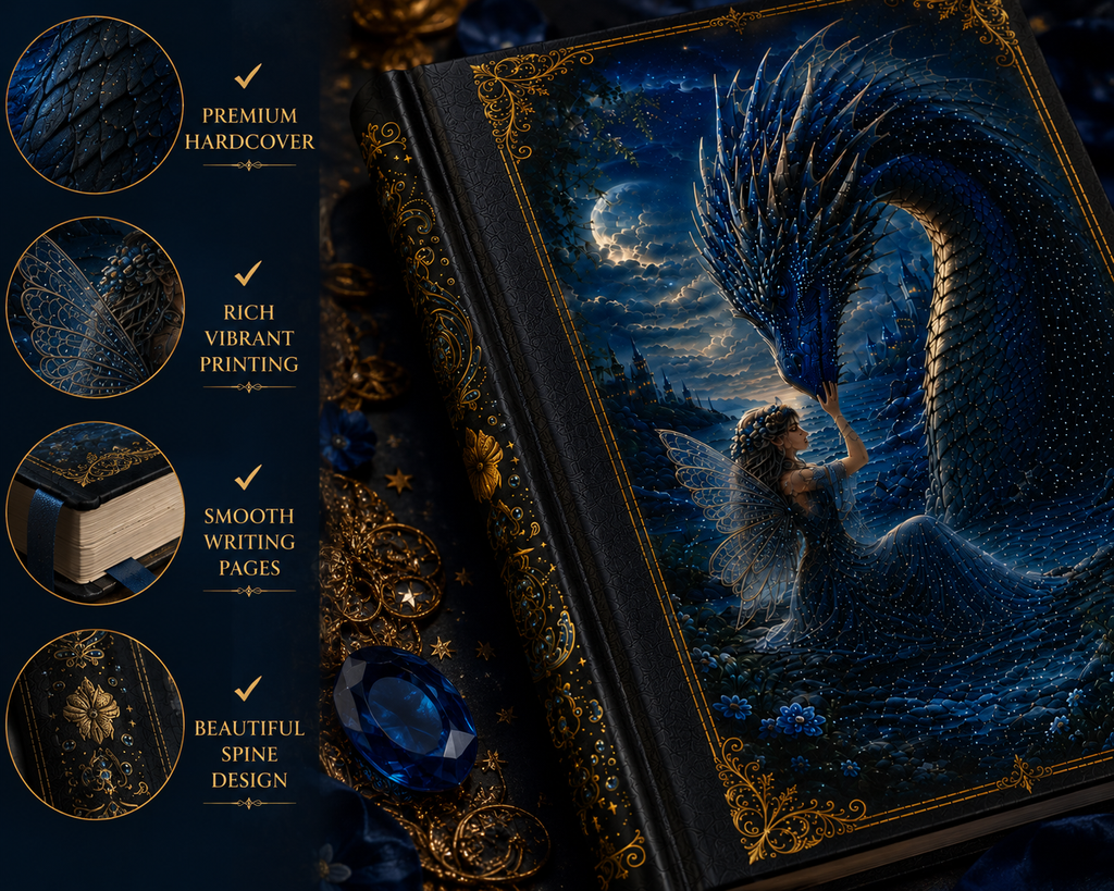 Water Dragon & Fairy Hardcover Journal — Moonlit Fantasy Notebook for Writing, Sketching, Gifts