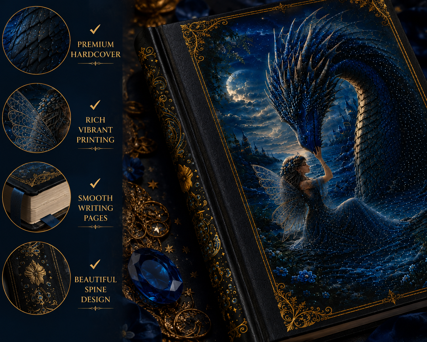 Water Dragon & Fairy Hardcover Journal — Moonlit Fantasy Notebook for Writing, Sketching, Gifts