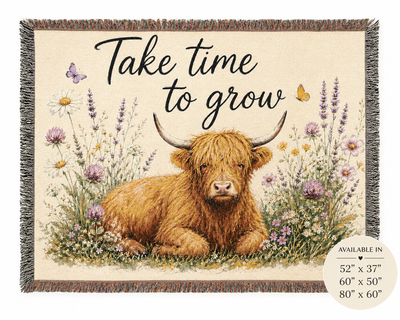 Highland Cow 'Take Time to Grow' Woven Blanket | Floral Cottagecore Throw