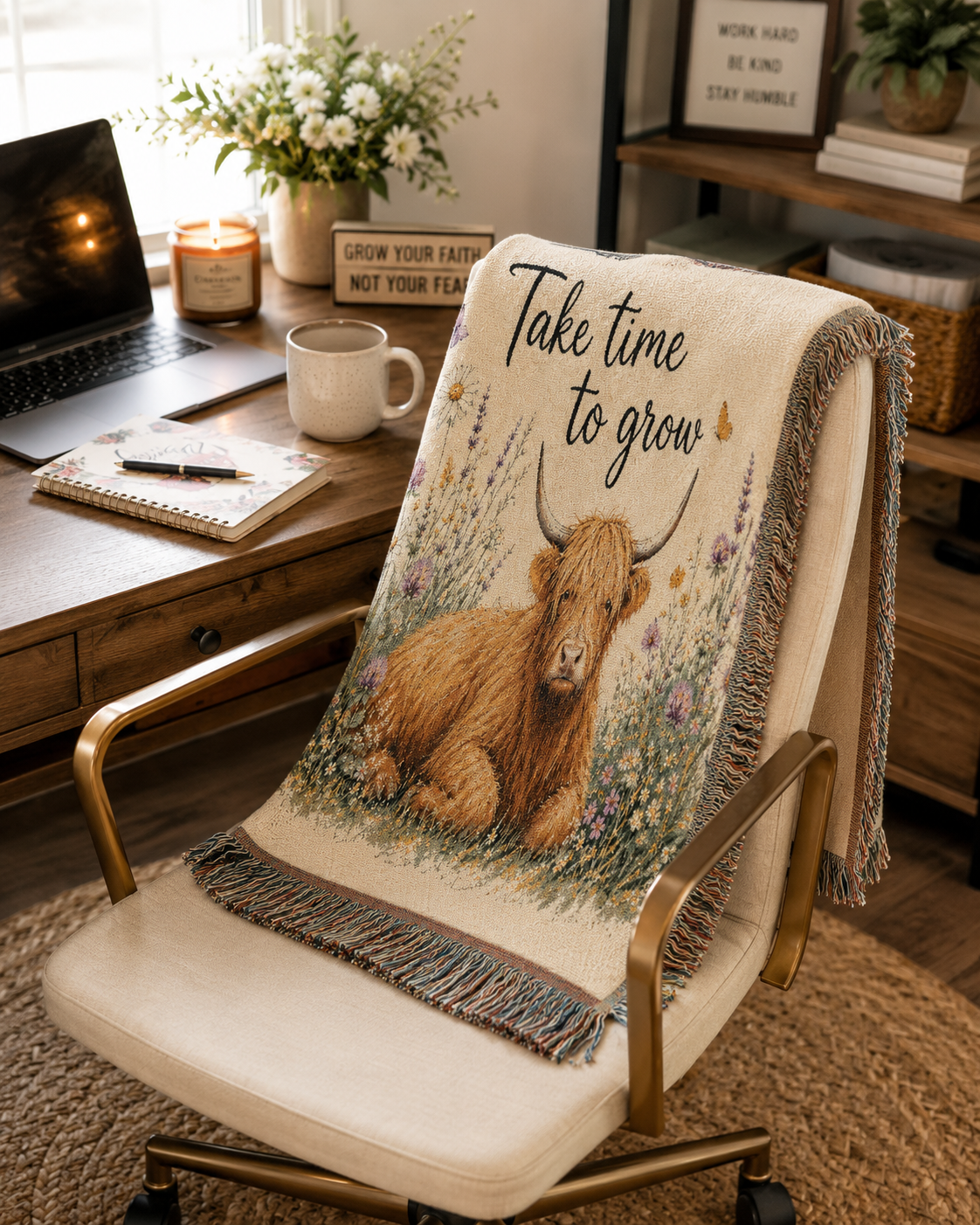 Highland Cow 'Take Time to Grow' Woven Blanket | Floral Cottagecore Throw