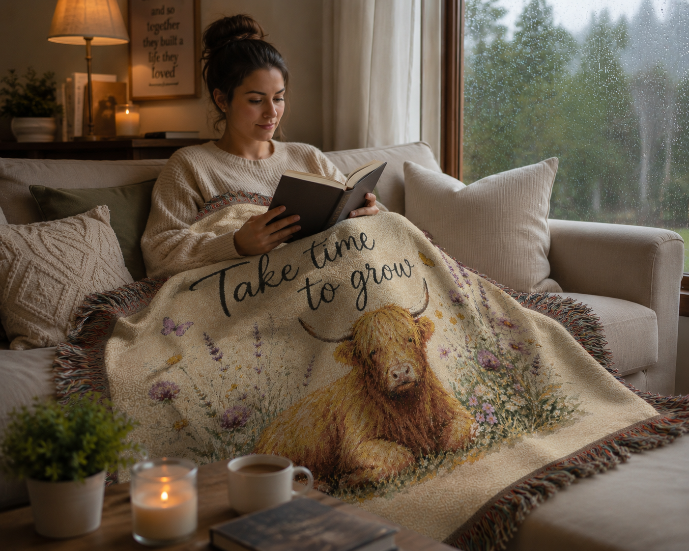 Highland Cow 'Take Time to Grow' Woven Blanket | Floral Cottagecore Throw