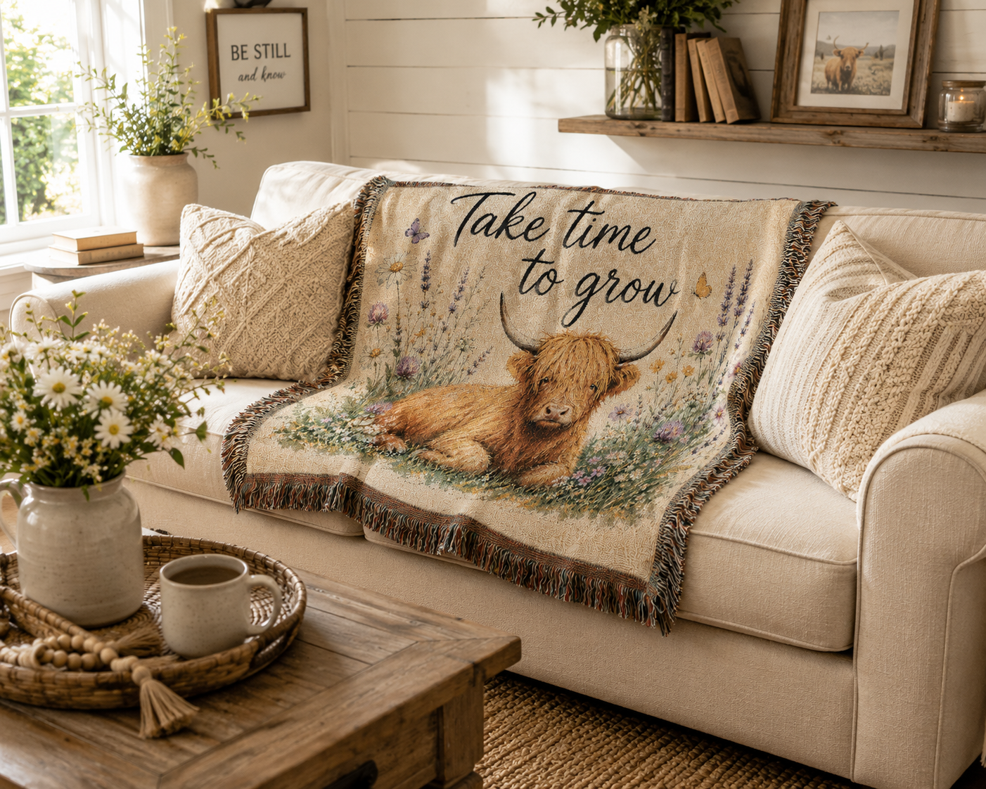 Highland Cow 'Take Time to Grow' Woven Blanket | Floral Cottagecore Throw