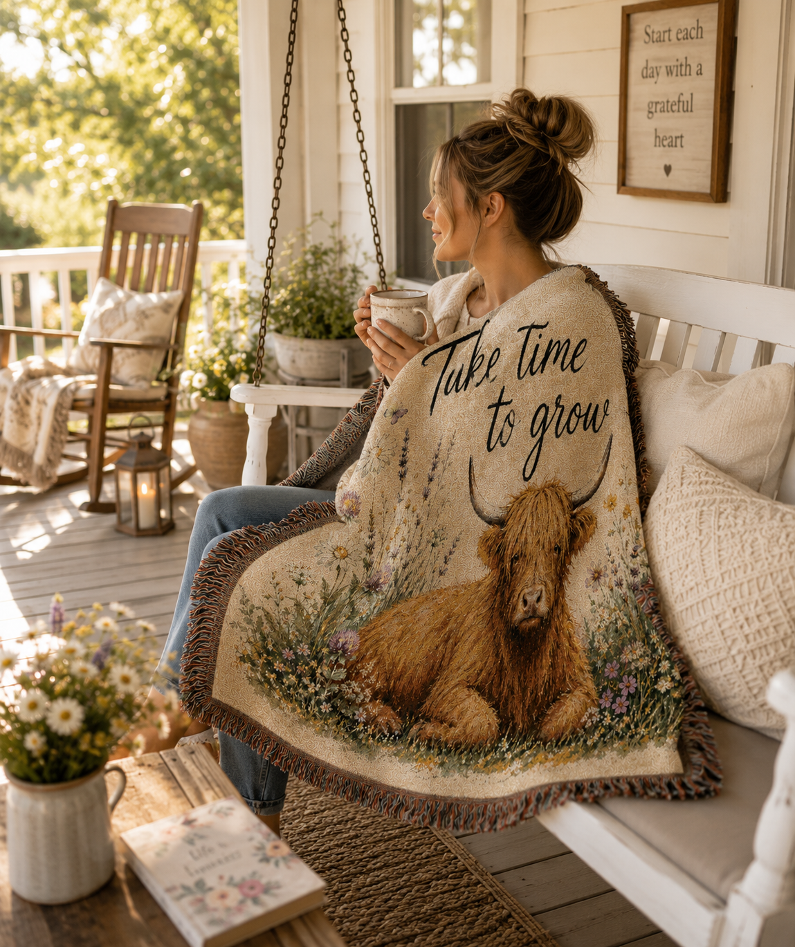 Highland Cow 'Take Time to Grow' Woven Blanket | Floral Cottagecore Throw
