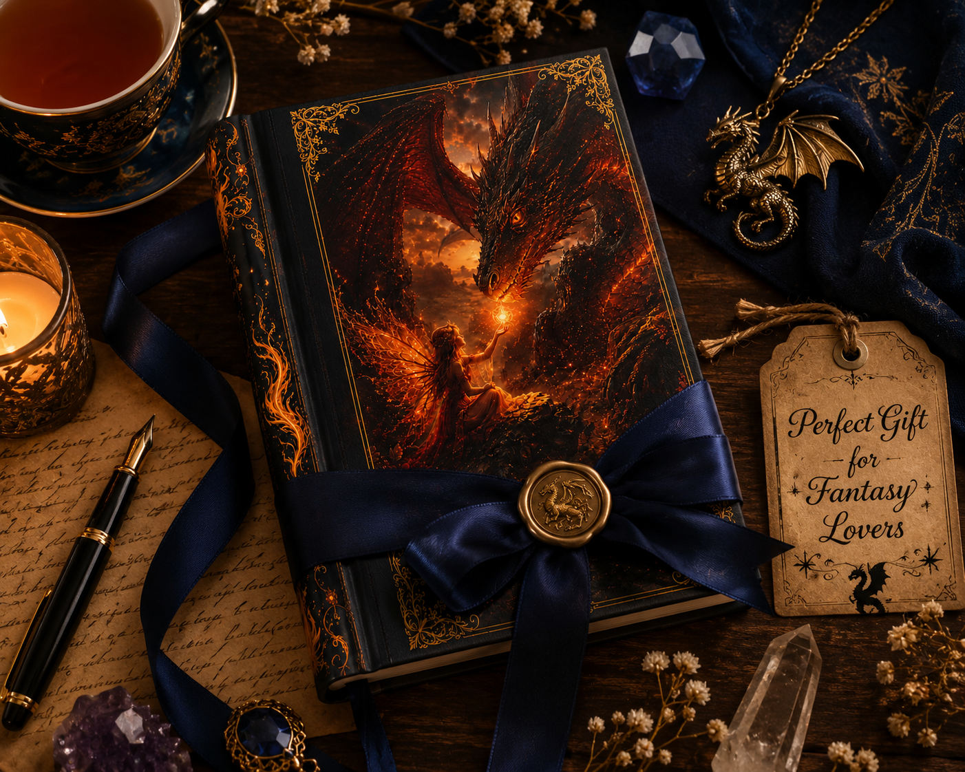 Dragon and Fairy Fantasy Artwork Hardcover Journal | Mythical Dragon Notebook
