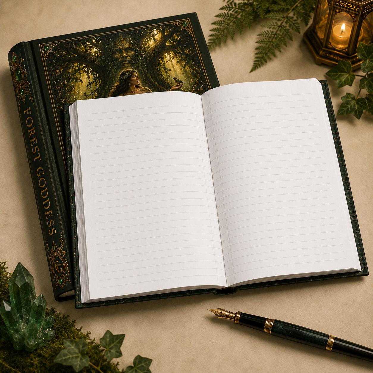 Forest Goddess Hardcover Journal — Mythic Woodland Art Notebook for Nature Lovers