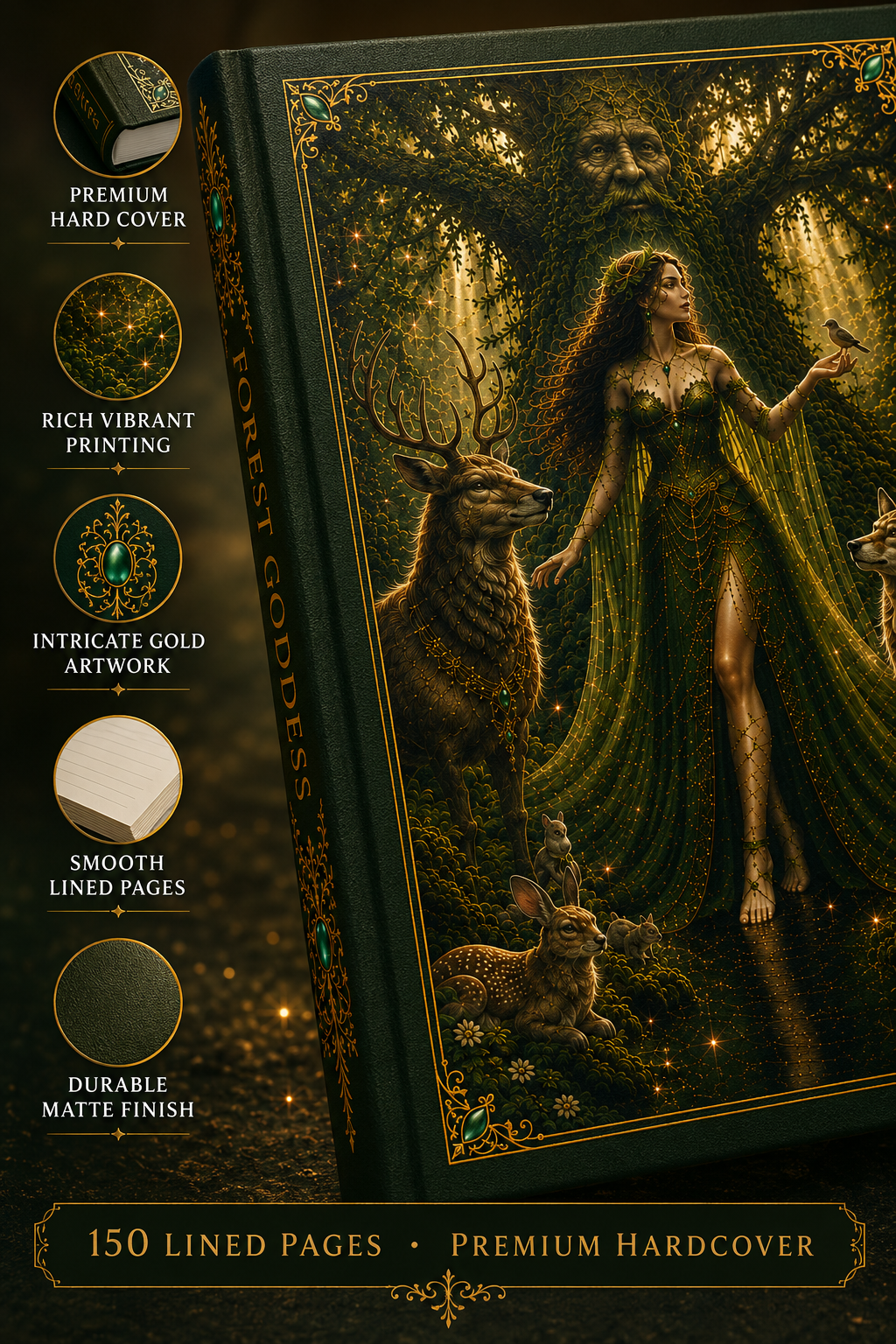 Forest Goddess Hardcover Journal — Mythic Woodland Art Notebook for Nature Lovers