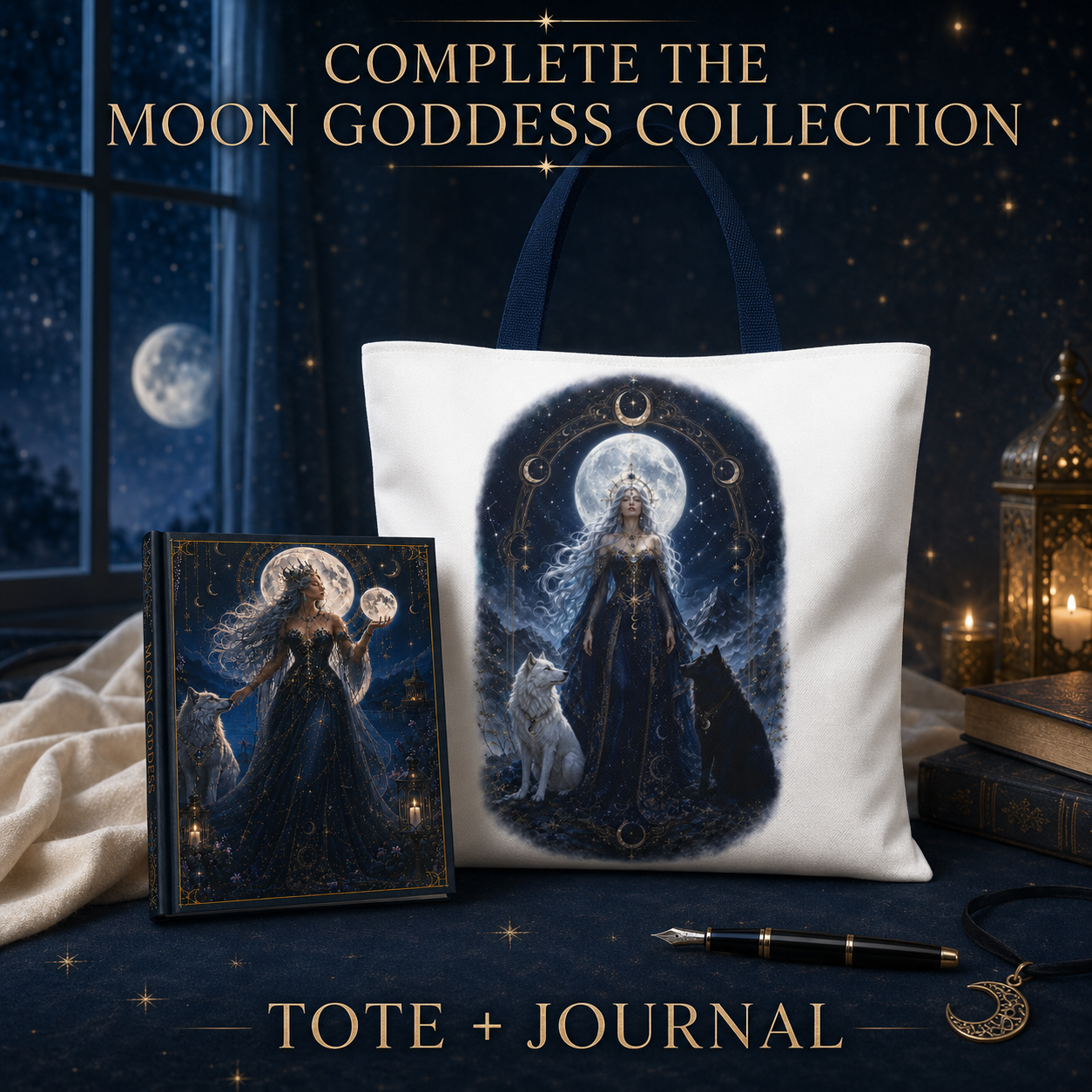 Mystic Moon Tote Bag - Moon Goddess & Wolf AOP Tote