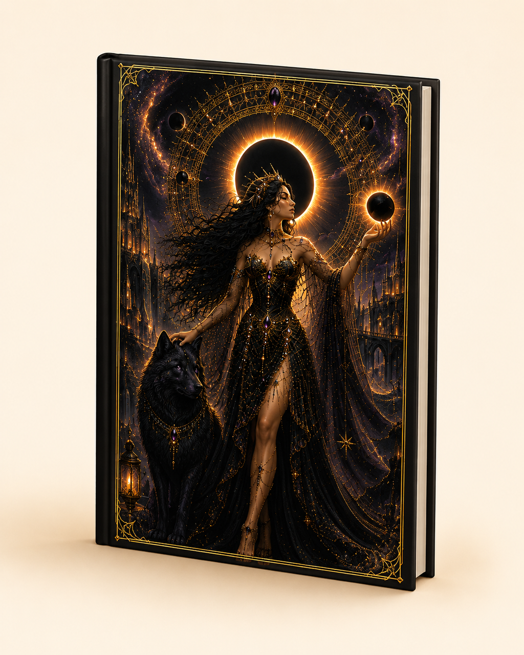Eclipse Goddess Hardcover Journal — Dark Fantasy Witch & Wolf Art Notebook