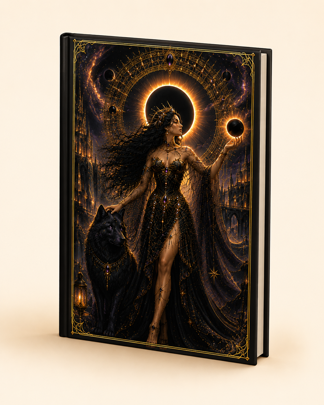 Eclipse Goddess Hardcover Journal — Dark Fantasy Witch & Wolf Art Notebook