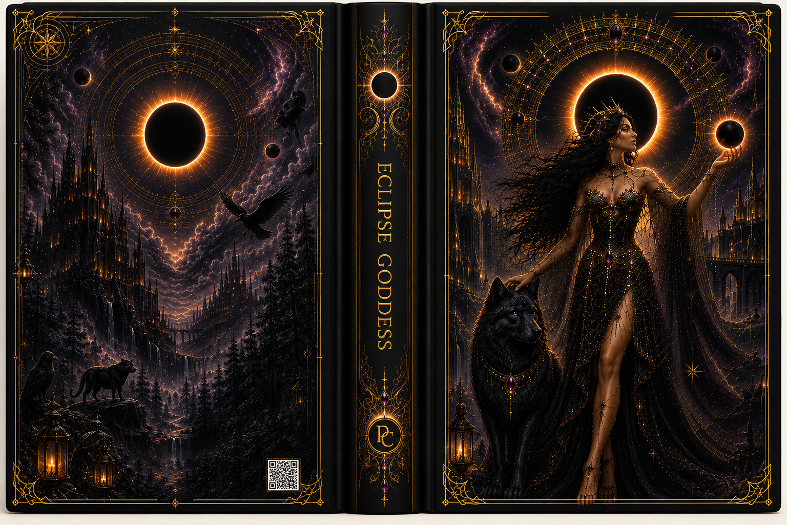 Eclipse Goddess Hardcover Journal — Dark Fantasy Witch & Wolf Art Notebook