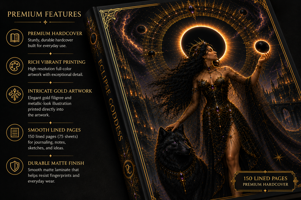 Eclipse Goddess Hardcover Journal — Dark Fantasy Witch & Wolf Art Notebook