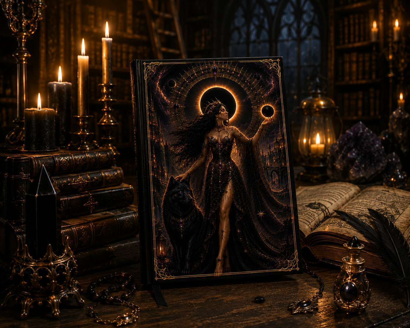 Eclipse Goddess Hardcover Journal — Dark Fantasy Witch & Wolf Art Notebook