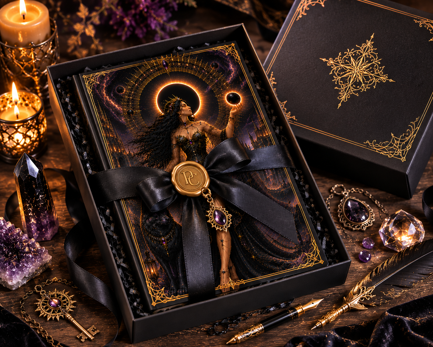 Eclipse Goddess Hardcover Journal — Dark Fantasy Witch & Wolf Art Notebook