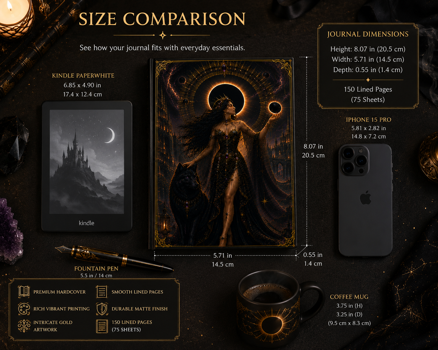 Eclipse Goddess Hardcover Journal — Dark Fantasy Witch & Wolf Art Notebook