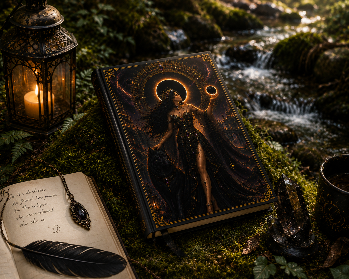Eclipse Goddess Hardcover Journal — Dark Fantasy Witch & Wolf Art Notebook