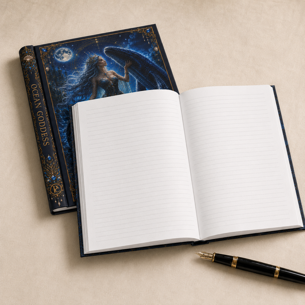 Moonlit Ocean Goddess Hardcover Journal — Fantasy Mermaid Notebook