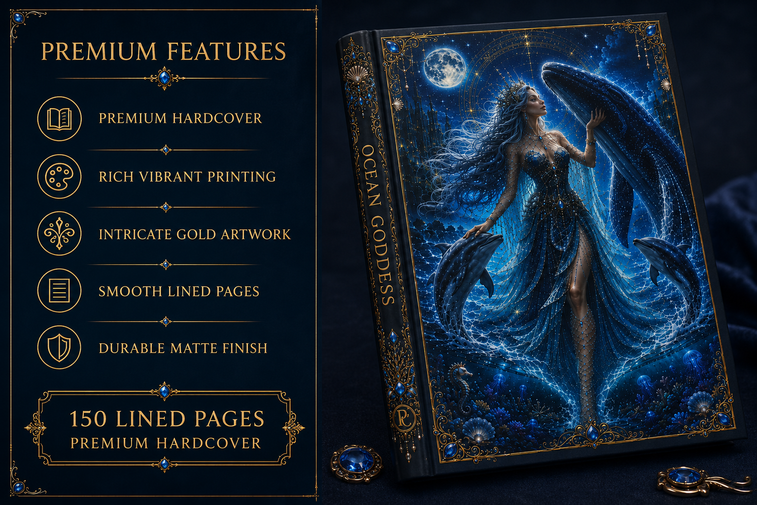 Moonlit Ocean Goddess Hardcover Journal — Fantasy Mermaid Notebook