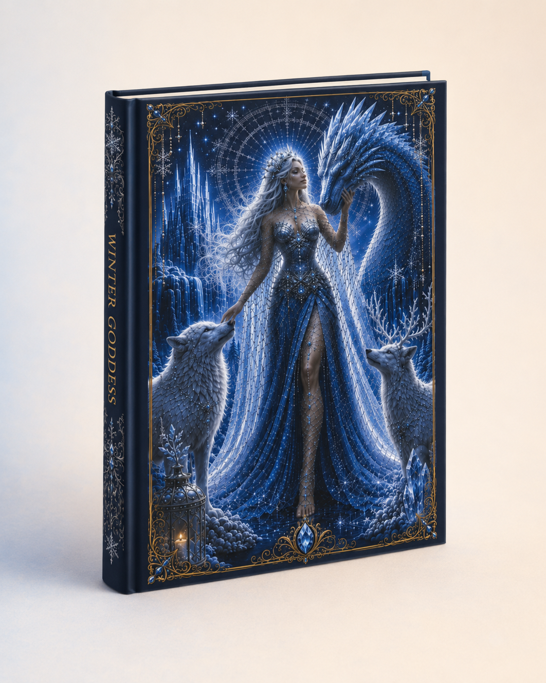 Winter Goddess Hardcover Journal — Moonlit Ice Dragon & Wolves Fantasy Notebook