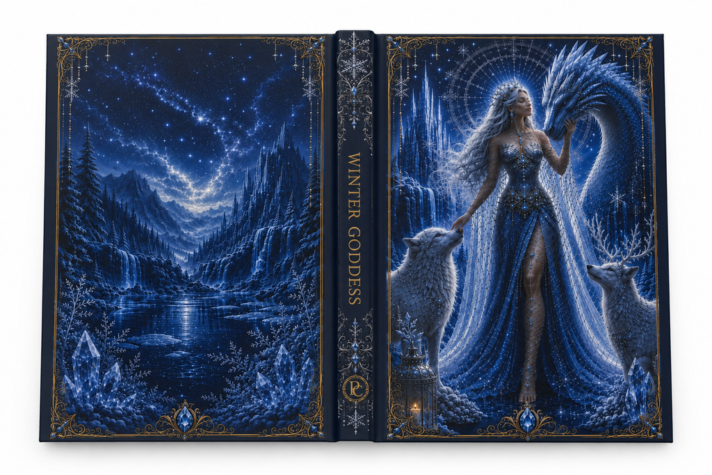 Winter Goddess Hardcover Journal — Moonlit Ice Dragon & Wolves Fantasy Notebook