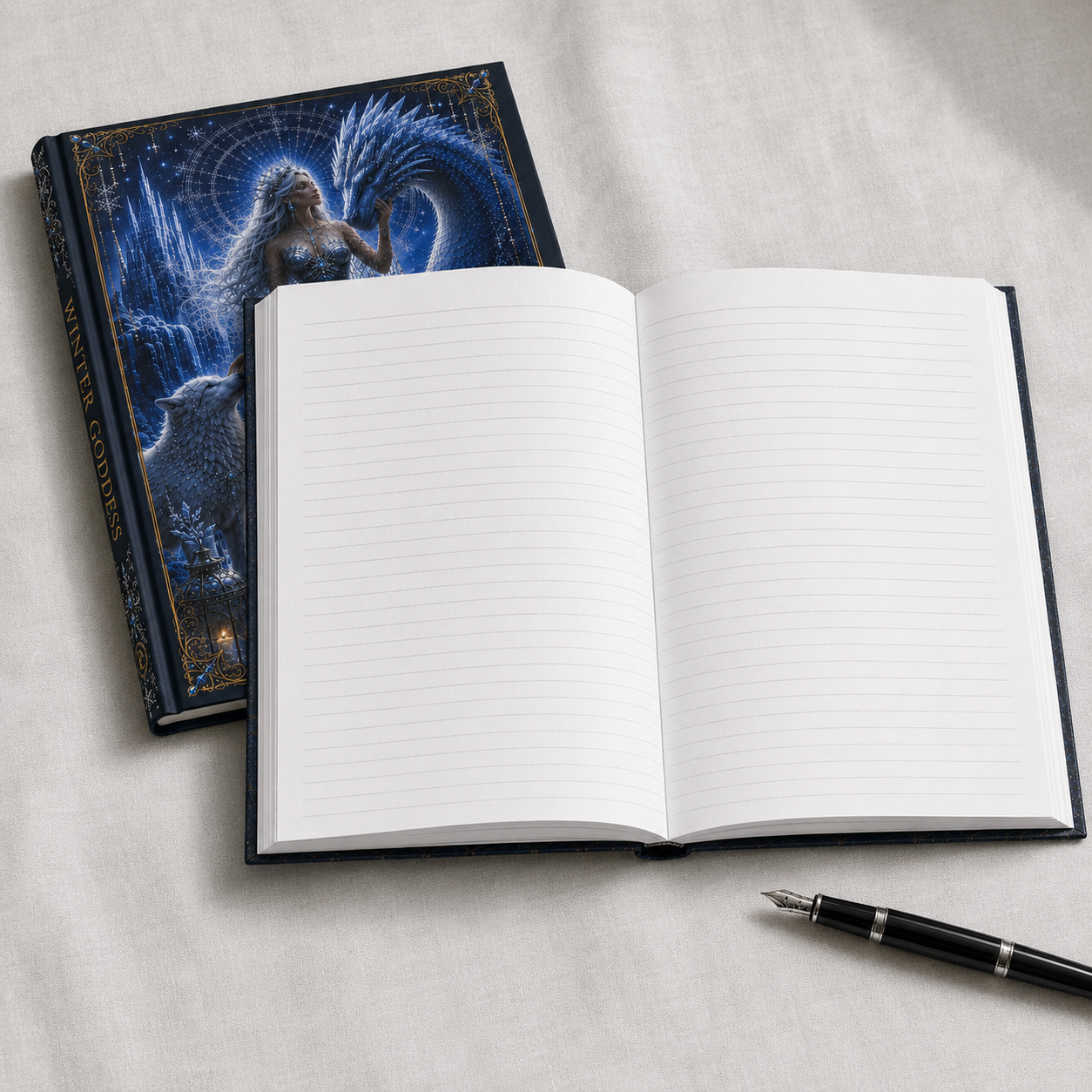 Winter Goddess Hardcover Journal — Moonlit Ice Dragon & Wolves Fantasy Notebook