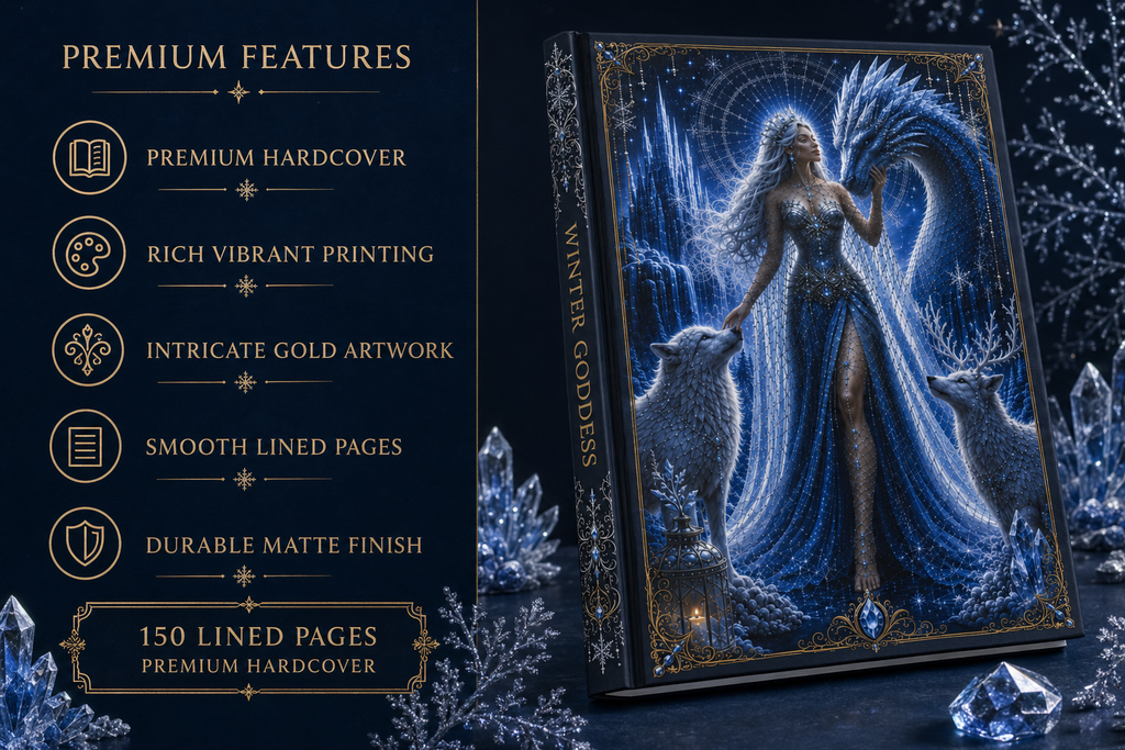 Winter Goddess Hardcover Journal — Moonlit Ice Dragon & Wolves Fantasy Notebook