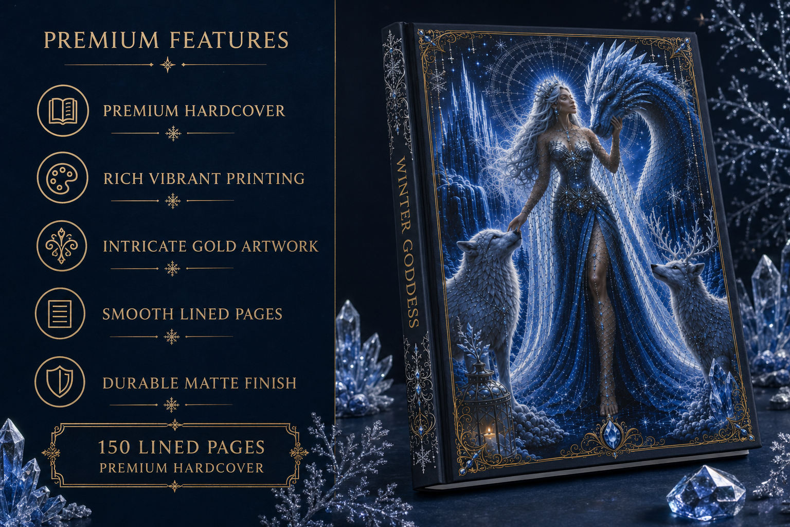 Winter Goddess Hardcover Journal — Moonlit Ice Dragon & Wolves Fantasy Notebook