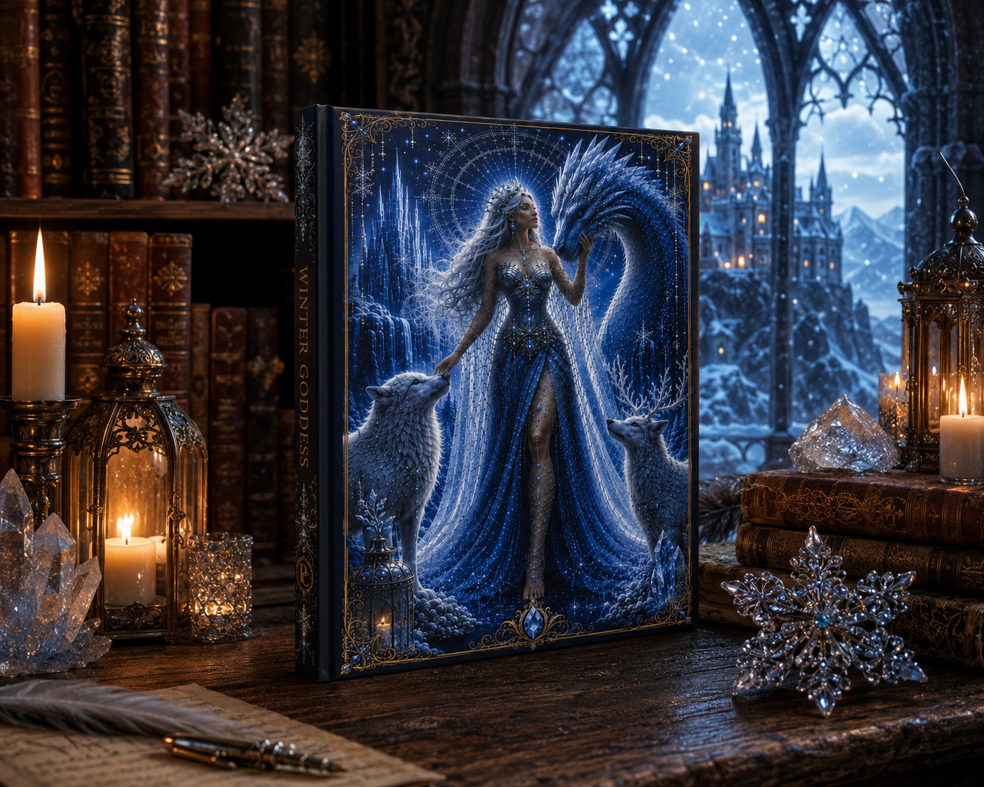 Winter Goddess Hardcover Journal — Moonlit Ice Dragon & Wolves Fantasy Notebook