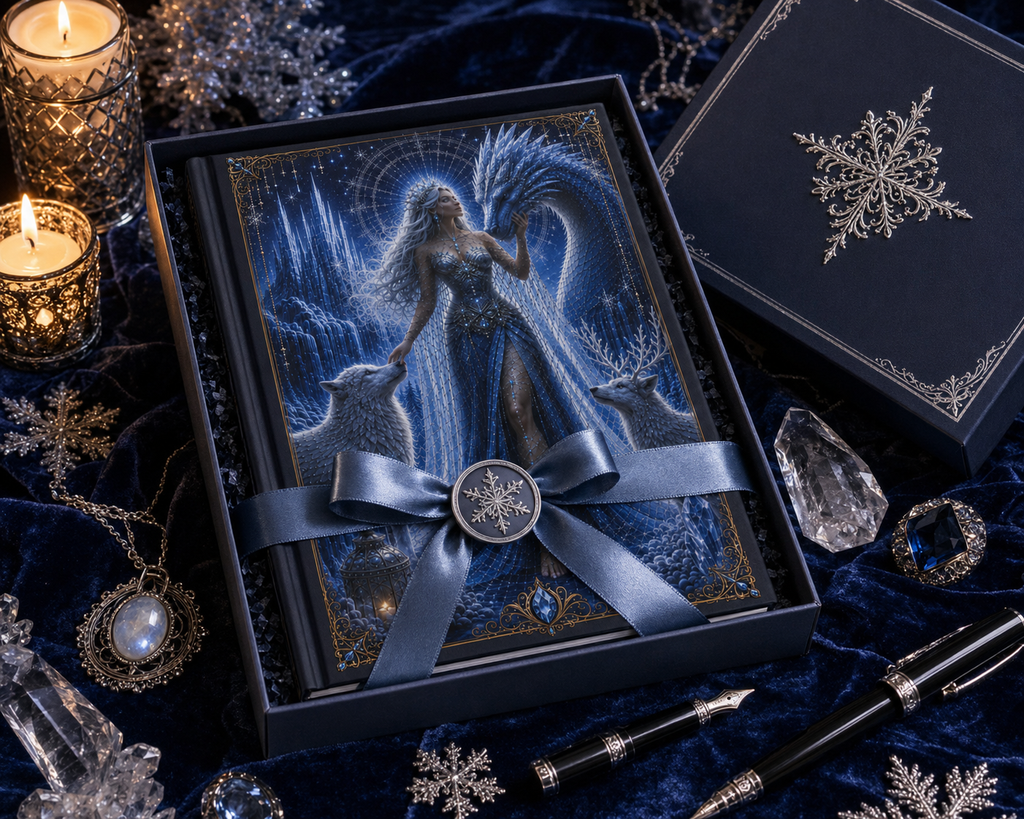 Winter Goddess Hardcover Journal — Moonlit Ice Dragon & Wolves Fantasy Notebook
