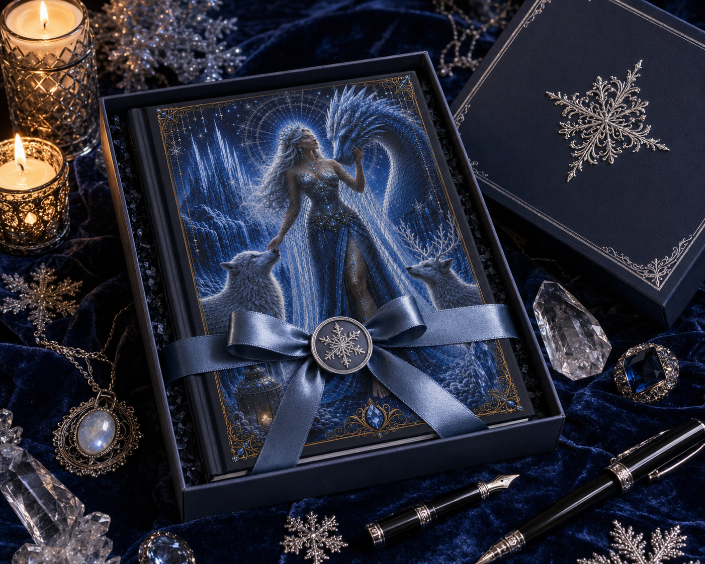 Winter Goddess Hardcover Journal — Moonlit Ice Dragon & Wolves Fantasy Notebook
