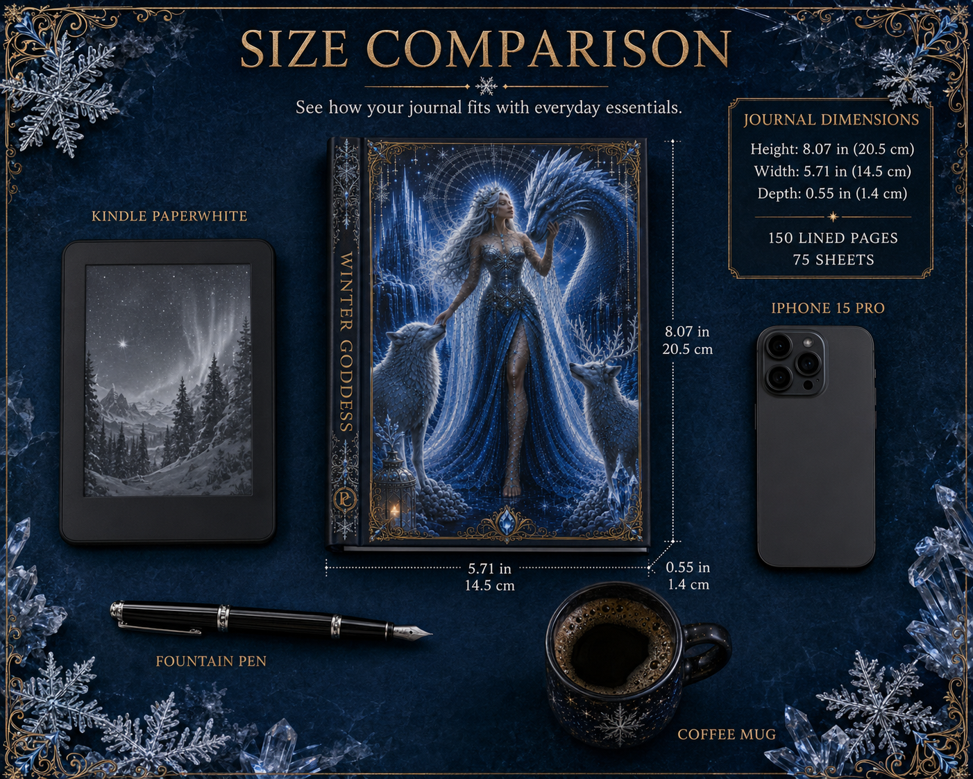 Winter Goddess Hardcover Journal — Moonlit Ice Dragon & Wolves Fantasy Notebook