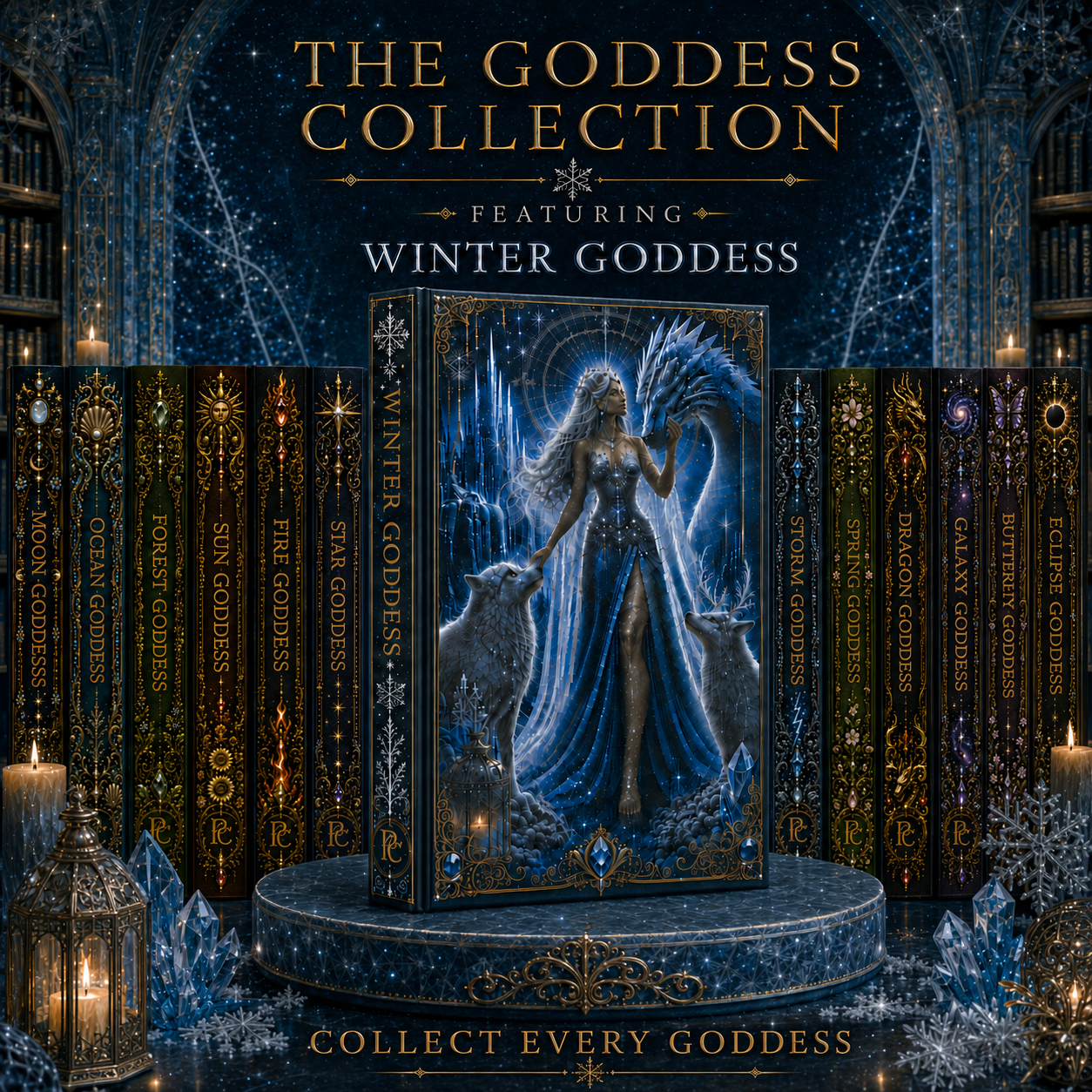 Winter Goddess Hardcover Journal — Moonlit Ice Dragon & Wolves Fantasy Notebook