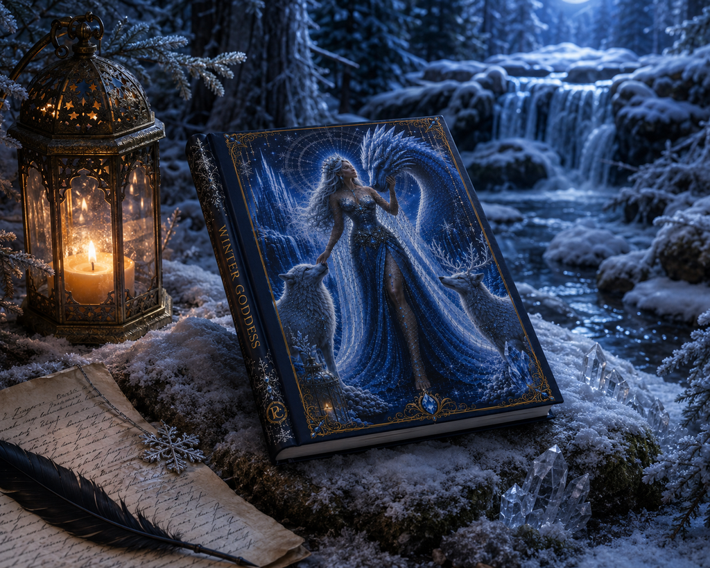 Winter Goddess Hardcover Journal — Moonlit Ice Dragon & Wolves Fantasy Notebook