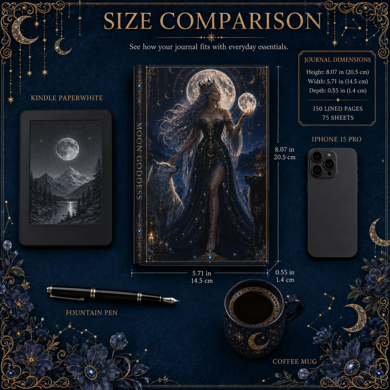 Moon Goddess Hardcover Journal — Fantasy Night Sky Notebook for Writing & Dreaming