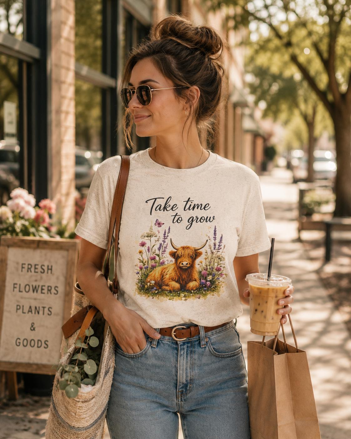 Take Time to Grow T-Shirt | Highland Cow Floral Design