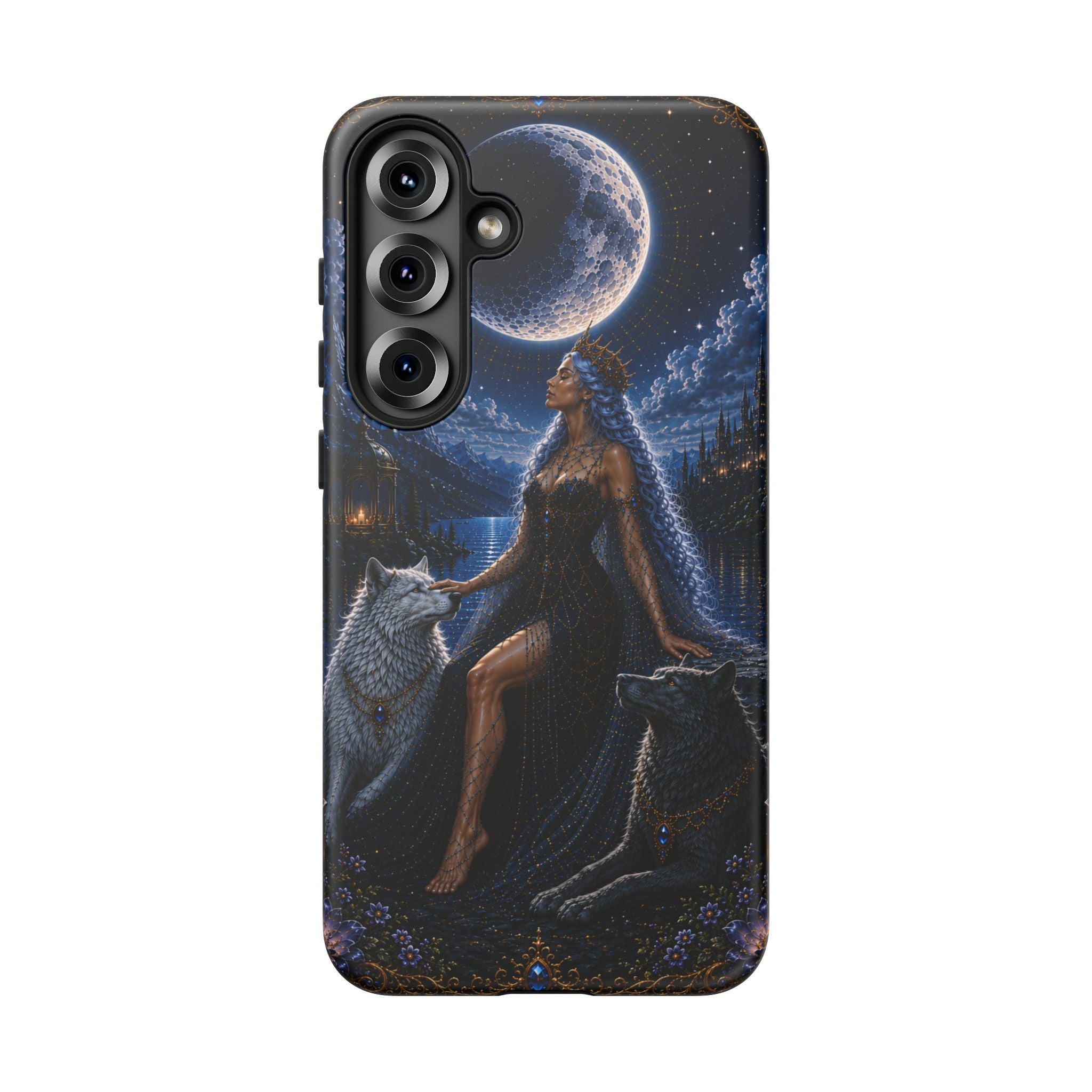 Moon Goddess with Wolves phone case | Celestial fantasy iPhone and Samsung cover