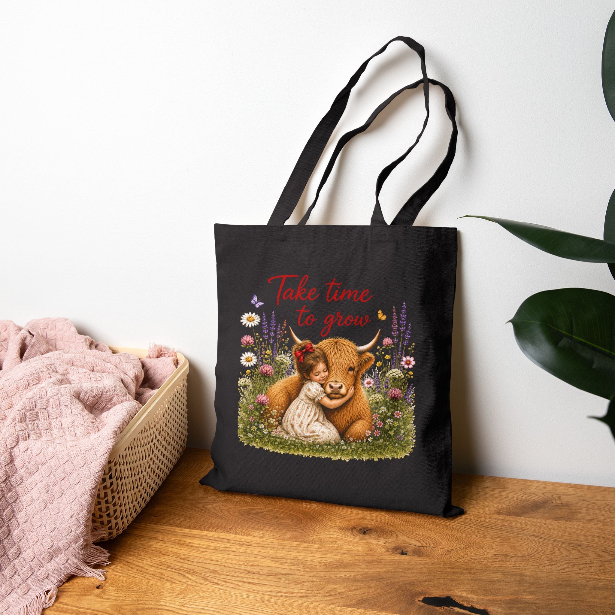 Take Time to Grow Canvas Tote — Cute Highland Cow & Girl Grocery Bag