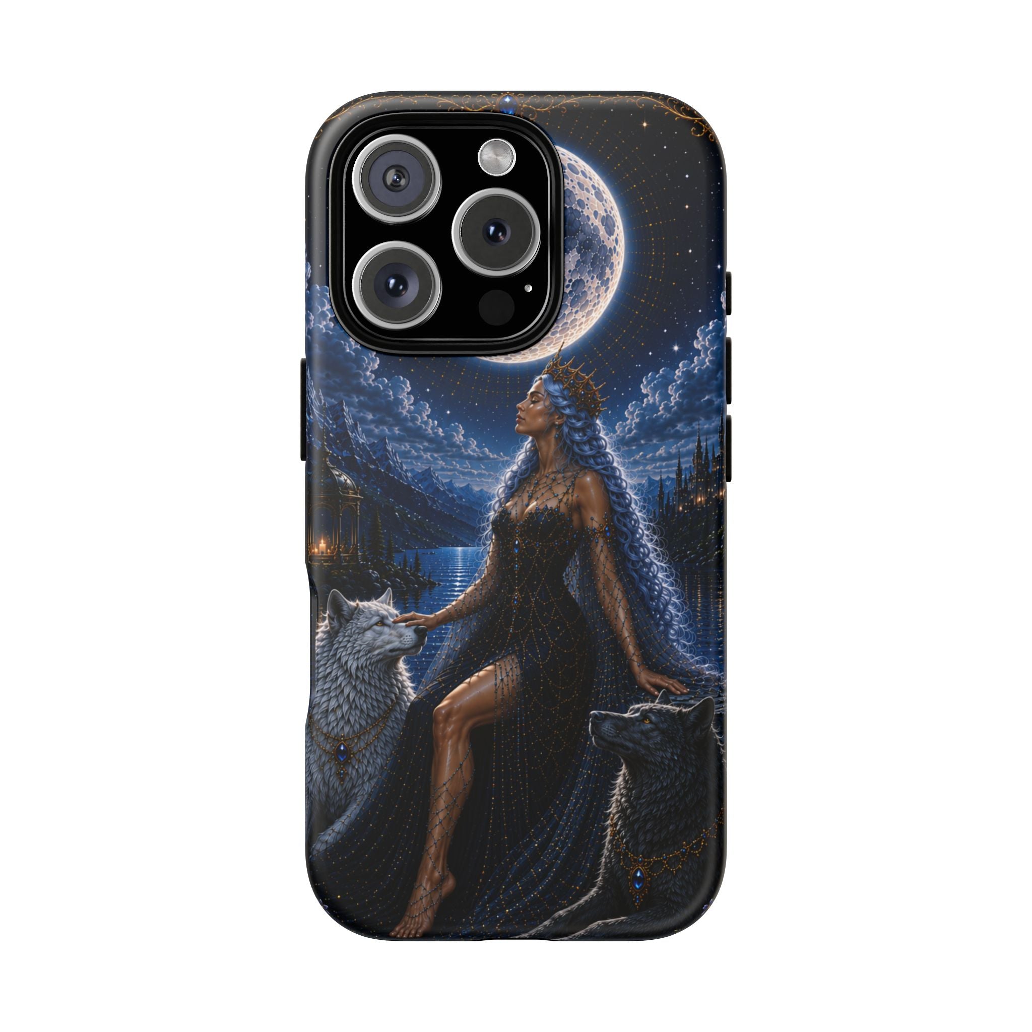 Moon Goddess with Wolves phone case | Celestial fantasy iPhone and Samsung cover