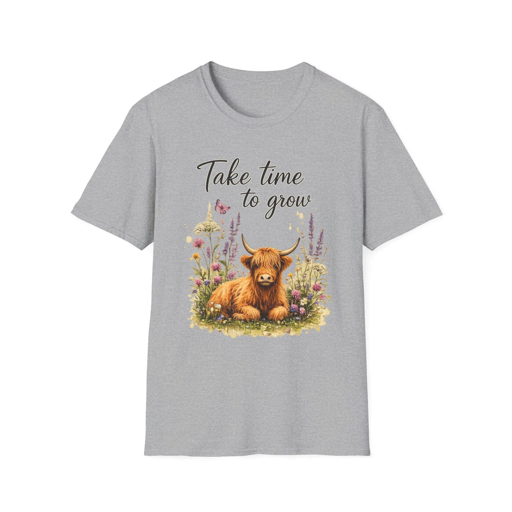 Take Time to Grow T-Shirt | Highland Cow Floral Design