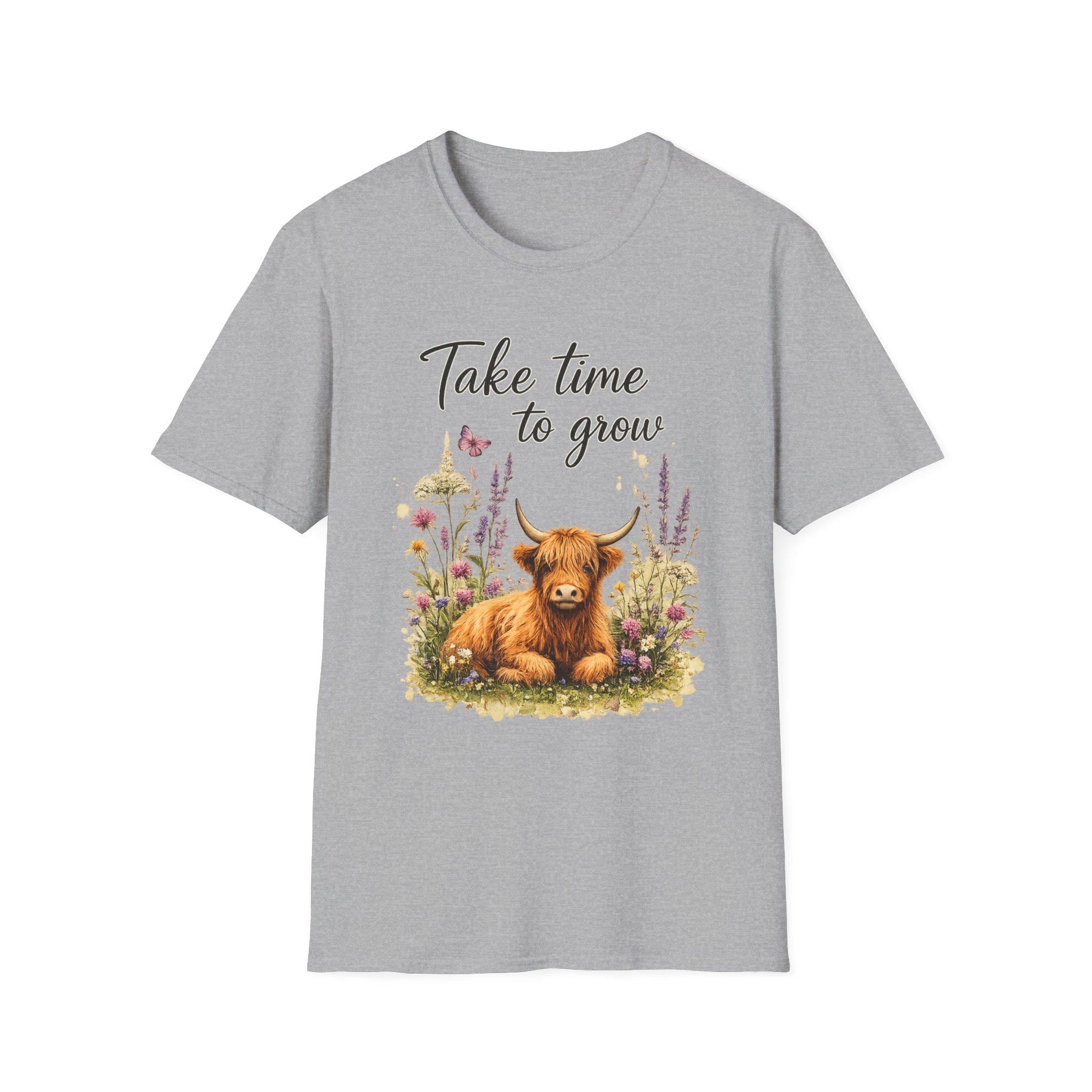 Take Time to Grow T-Shirt | Highland Cow Floral Design