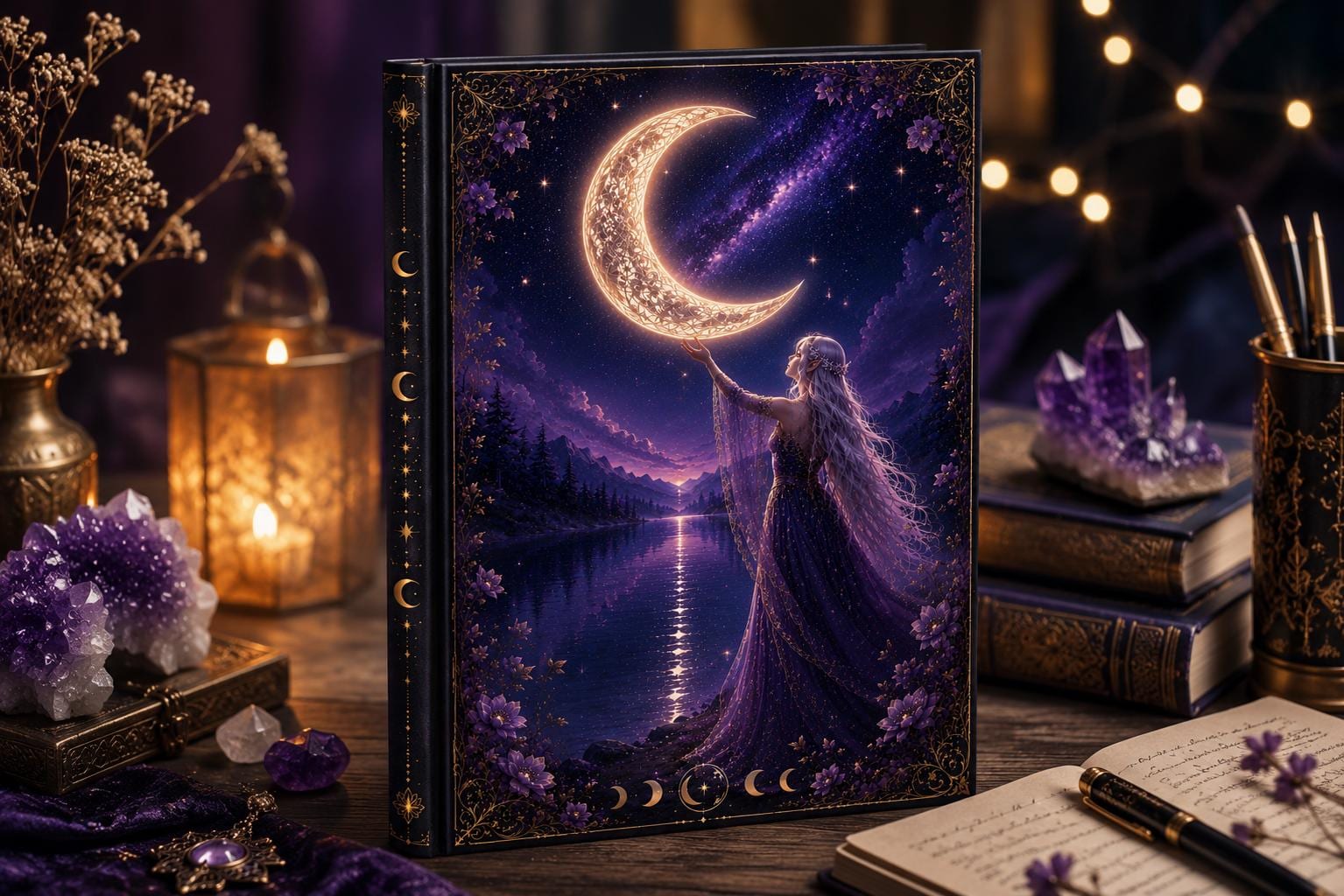 Moonlight Sorceress Hardcover Journal | Crescent Moon Mystic Notebook