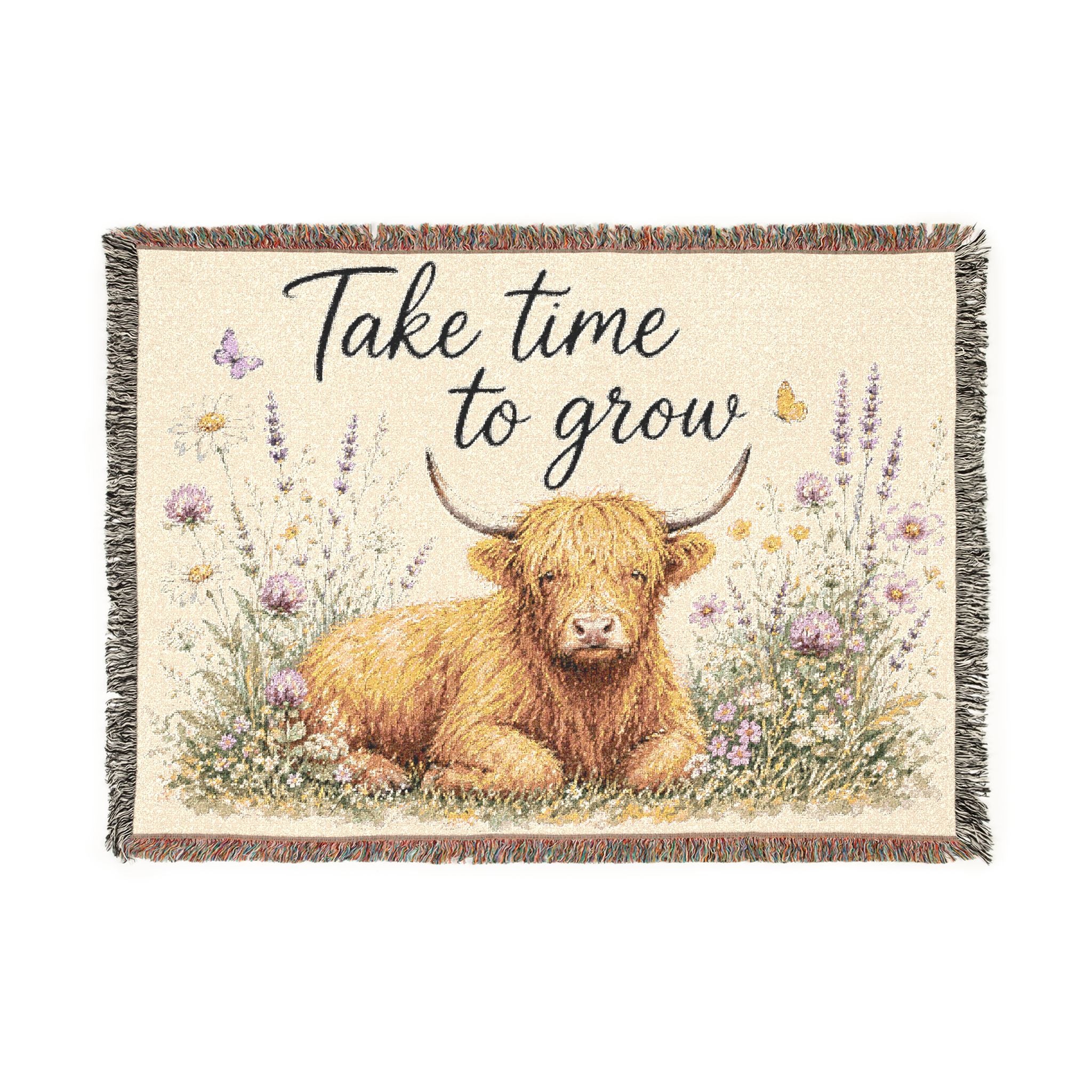 Highland Cow 'Take Time to Grow' Woven Blanket | Floral Cottagecore Throw