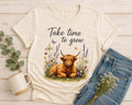 Take Time to Grow T-Shirt | Highland Cow Floral Design