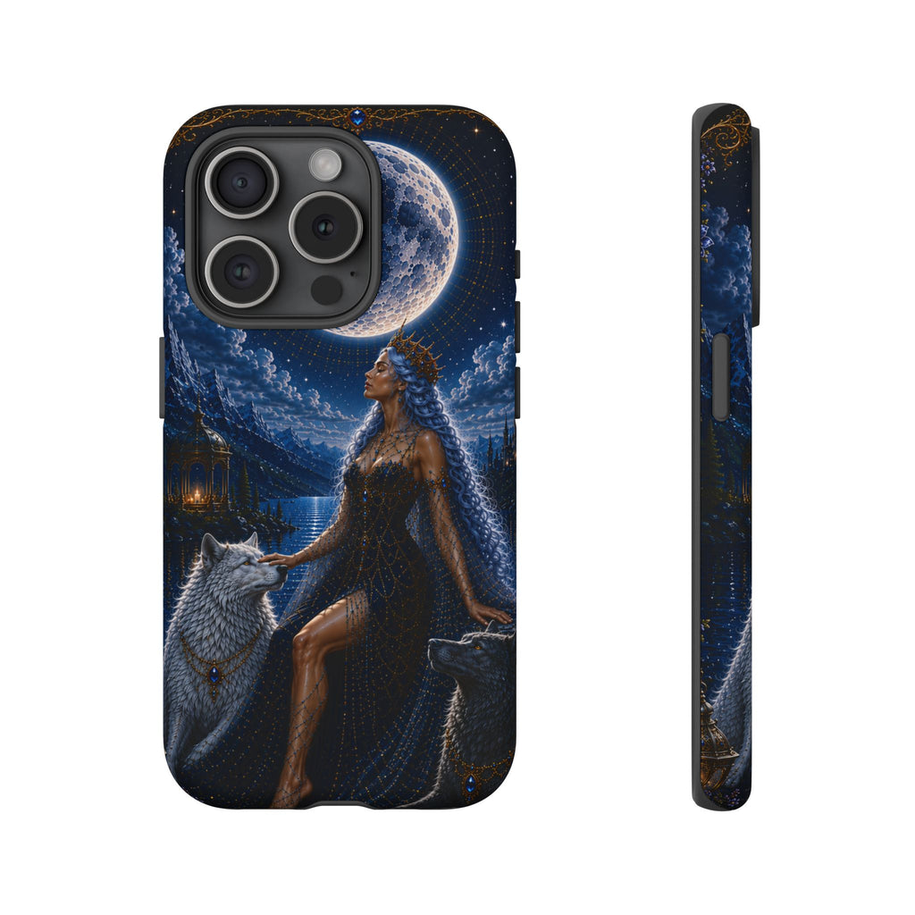 Moon Goddess with Wolves phone case | Celestial fantasy iPhone and Samsung cover